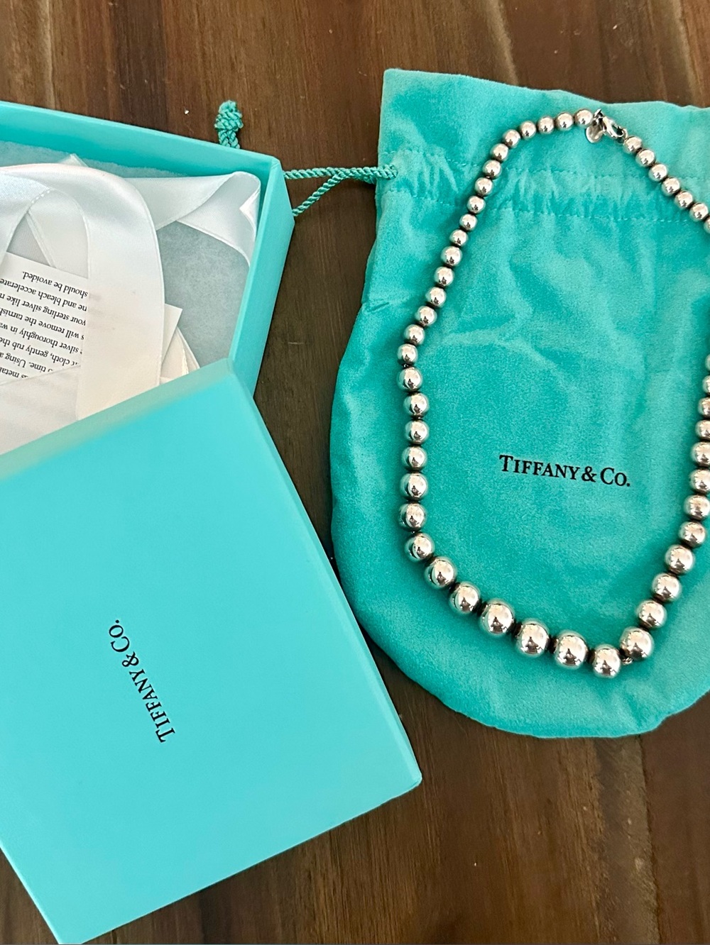 Tiffany & Co. Sterling Silver Bead Necklace with Blue Pouch & Box